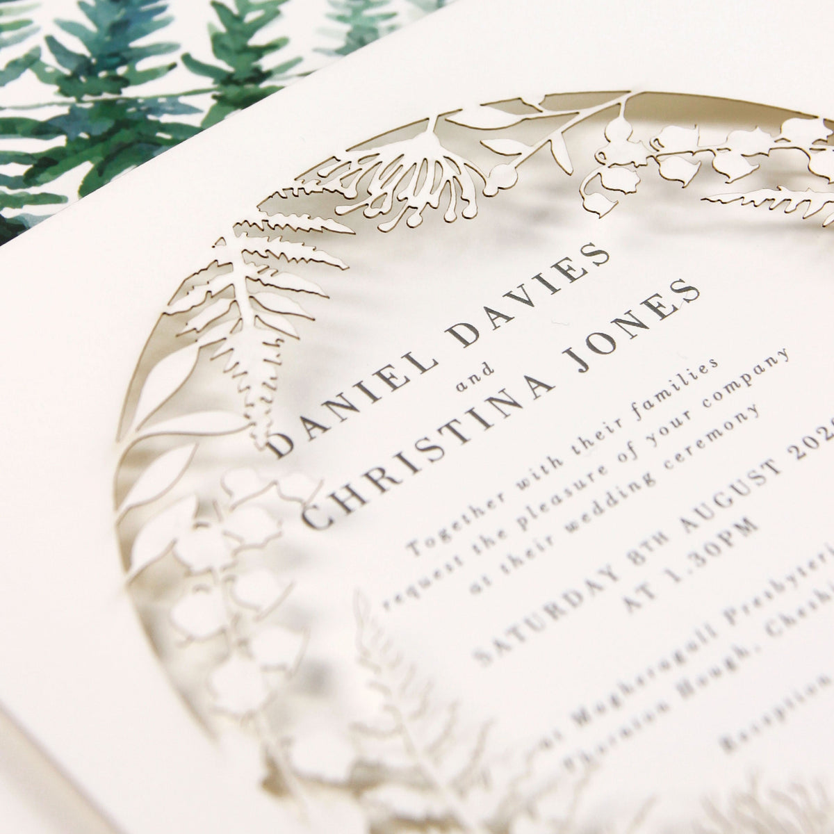 Fern Circle Intricate Foliage & Flowers Laser Cut Pocket Design with Watercolours.