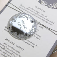 MENU matching Silver Plexi Fern personalised Tag/Place Card - Oval String