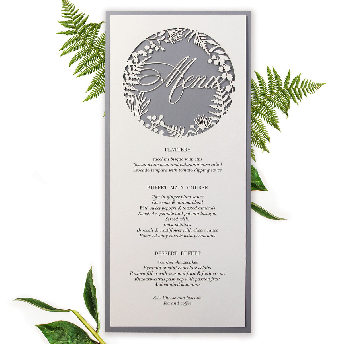 Grey Fern laser cut menu