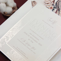 Nude and Pearl Foil Damask Boho Evening Invitation with Birds of Paradise