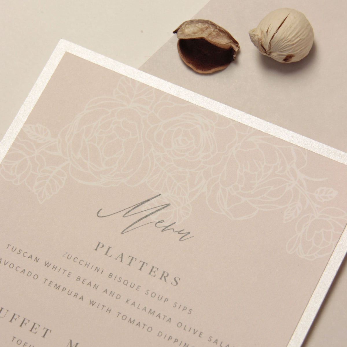 Filigree Roses, Champagne With Dusty Rose and White Calligraphy Menu