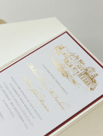 Luogo: invito a nozze del Priorato di Hodsock in rosso e oro | M&amp;N su commissione su misura