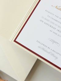 Lieu: Hodsock Priory Invitation de mariage en rouge et or | Commission sur mesure M&N