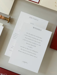 Lieu: Hodsock Priory Invitation de mariage en rouge et or | Commission sur mesure M&N