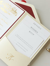 Lieu: Hodsock Priory Invitation de mariage en rouge et or | Commission sur mesure M&N