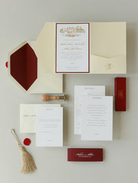 Lieu: Hodsock Priory Invitation de mariage en rouge et or | Commission sur mesure M&N