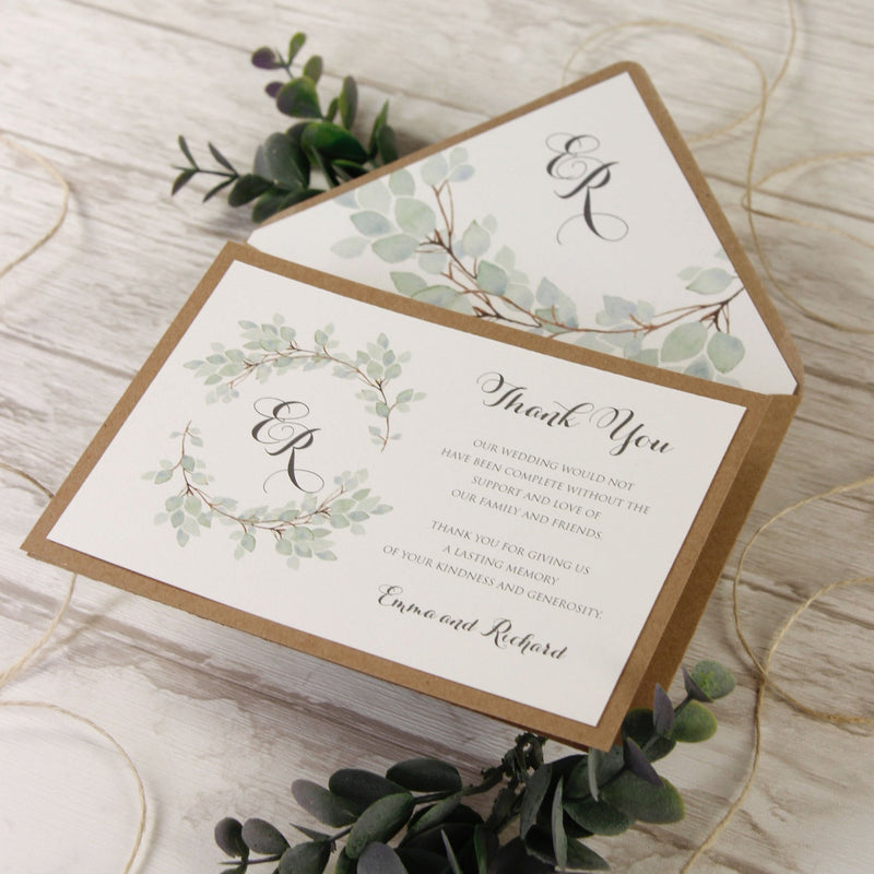 Biglietti di ringraziamento per matrimonio rustico con foglia acquerello verde eucalipto