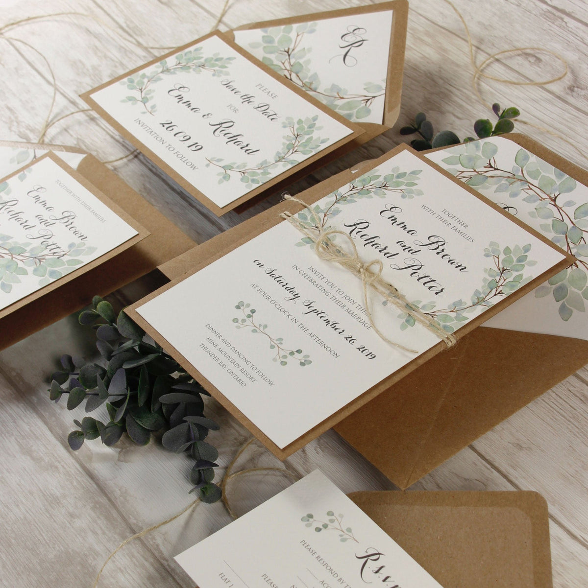 Green Eucalyptus Watercolor Leaf Rustic Wedding Cards de remerciement