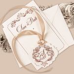 Luxurious Foiled Card and Tag with Monogram and Satin ribbon Save the Date