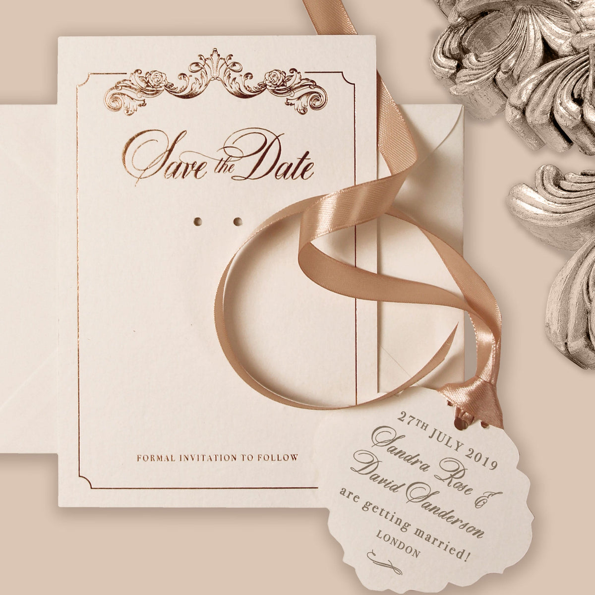 Luxurious Foiled Card and Tag with Monogram and Satin ribbon Save the Date