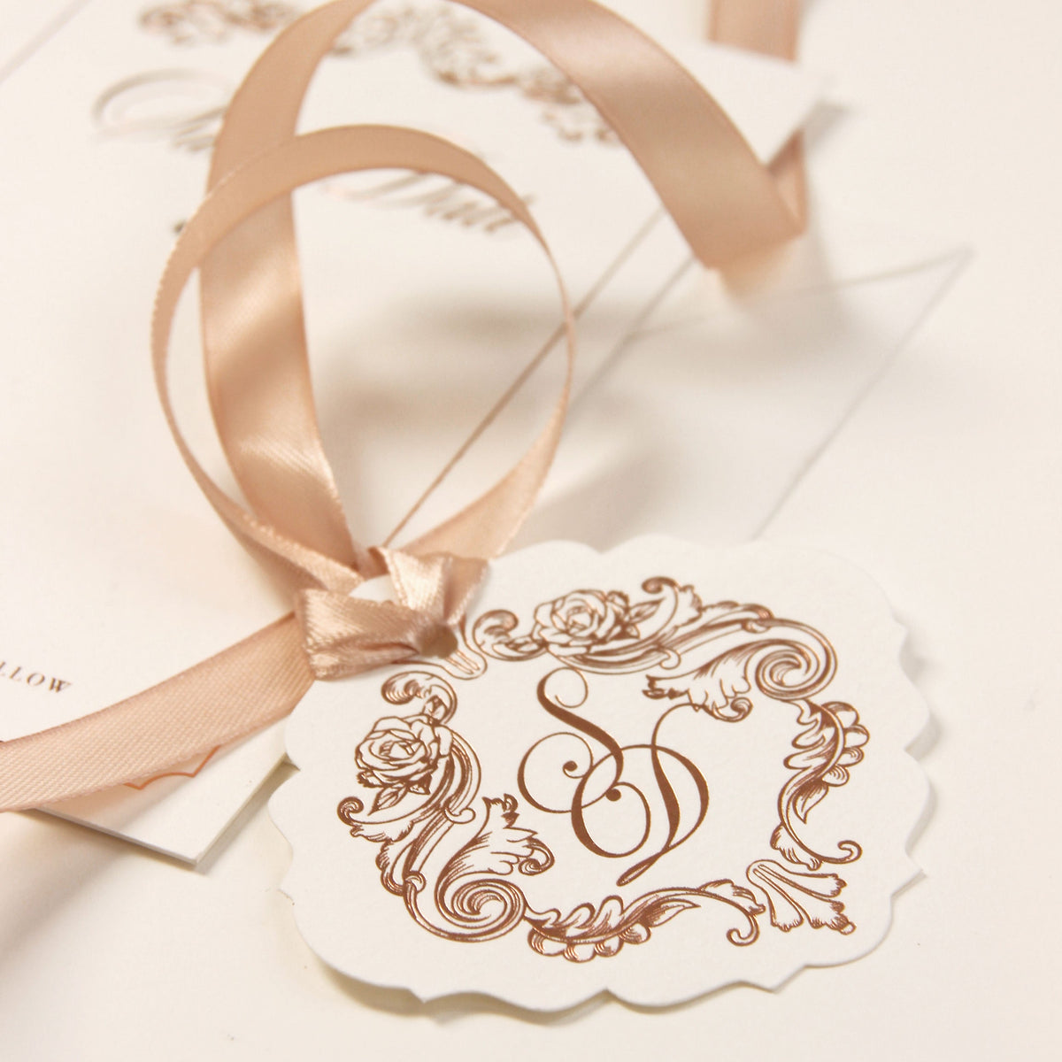 Luxurious Foiled Card and Tag with Monogram and Satin ribbon Save the Date