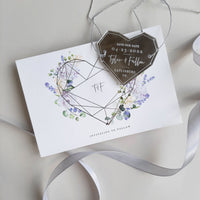 Lavender Purple Save the Date with Silver Mirror Geometric Heart Plexi Magnet