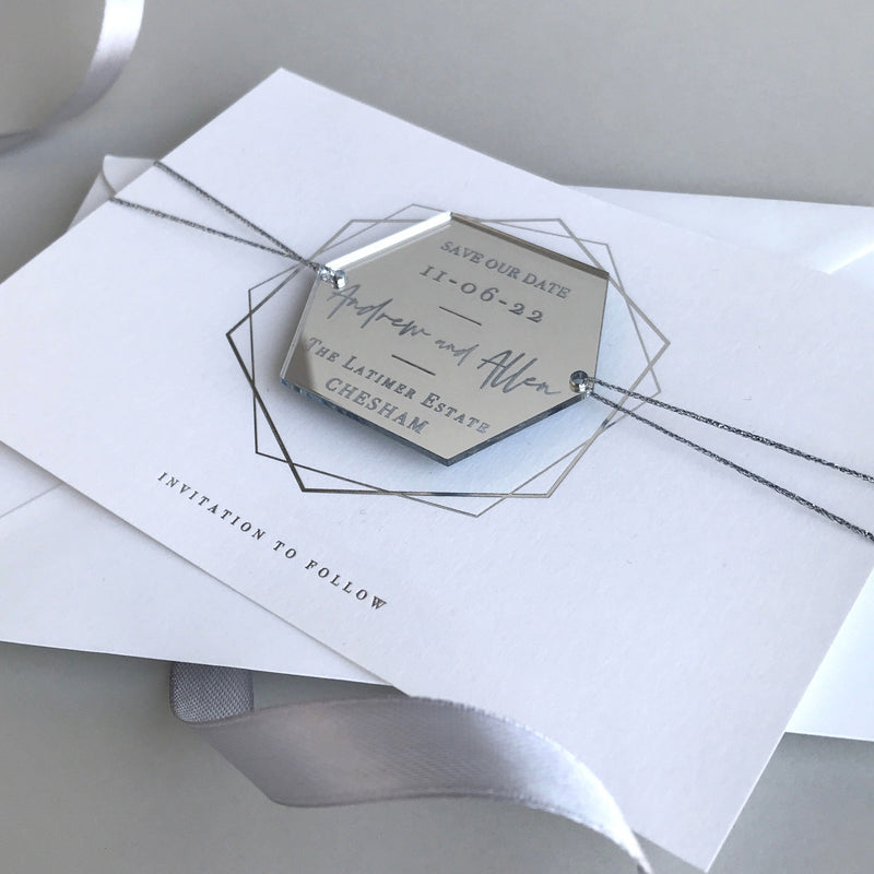 Hexagonal Mirror Magnet Personalised Engraving  Save the Date Card with Real Foil
