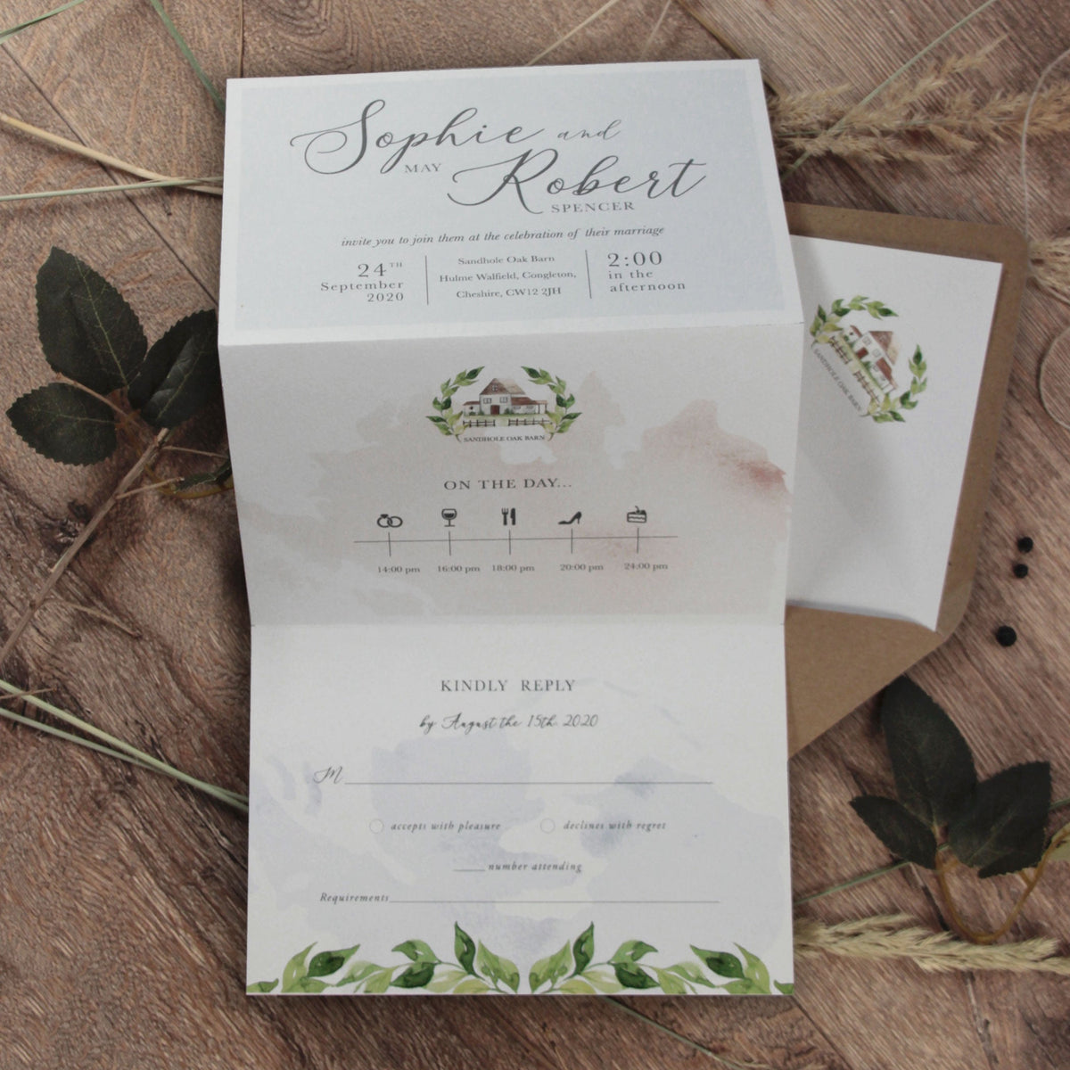 Concertina Style 3 Fold Invitation Boho Style Timeline con sobre Kraft y cordel