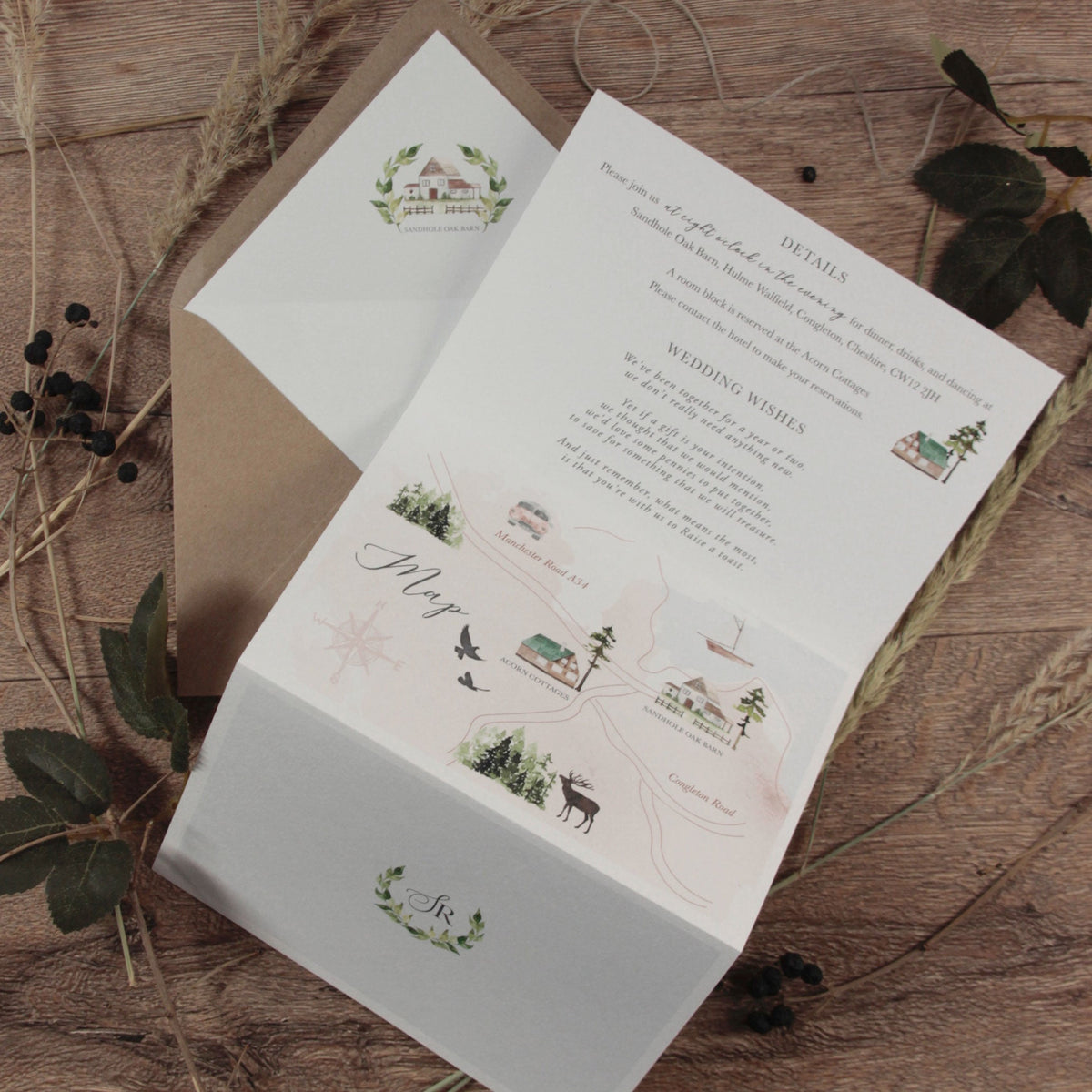 Concertina Style 3 Fold Invitation Boho Style Timeline avec Kraft Enveloppe and Twine