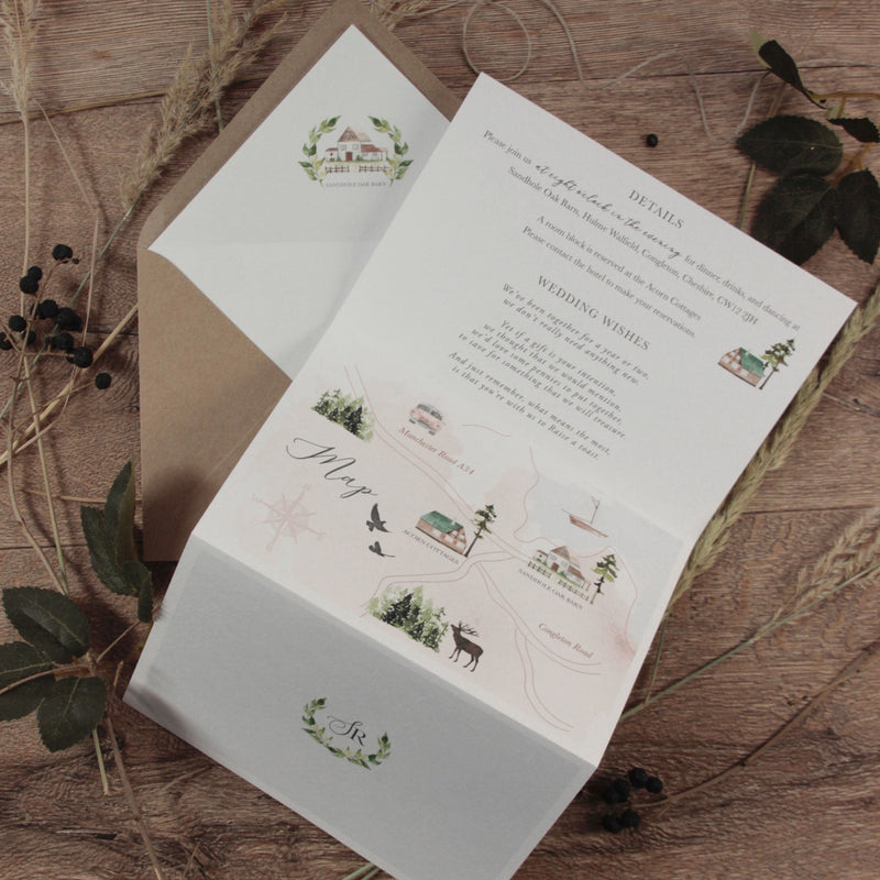 Invito a 3 pieghe stile fisarmonica Timeline stile Boho con busta Kraft e spago