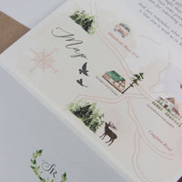 Concertina Style 3 Fold Invitation Boho Style Timeline con sobre Kraft y cordel