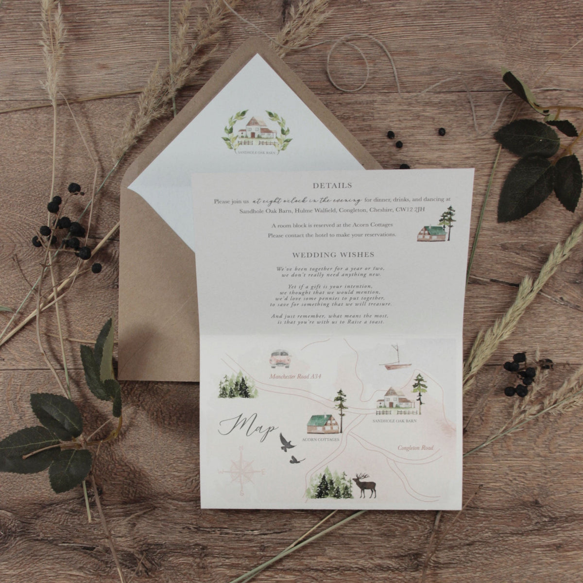 Concertina Style 3 Fold Invitation Boho Style Timeline con sobre Kraft y cordel