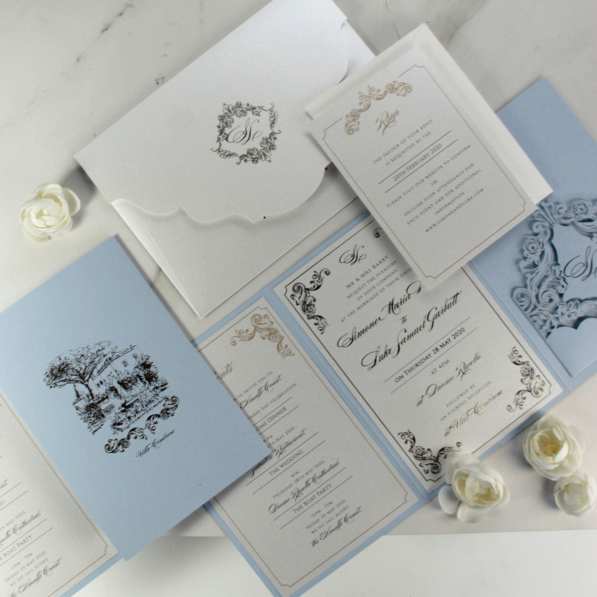 Invitations de l'hôtel Villa Cimbrone | Suite de poche de mariage avec feuille d'or et croquis de lieu de mariage