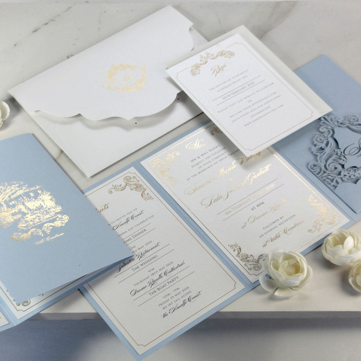 Invitations de l'hôtel Villa Cimbrone | Suite de poche de mariage avec feuille d'or et croquis de lieu de mariage