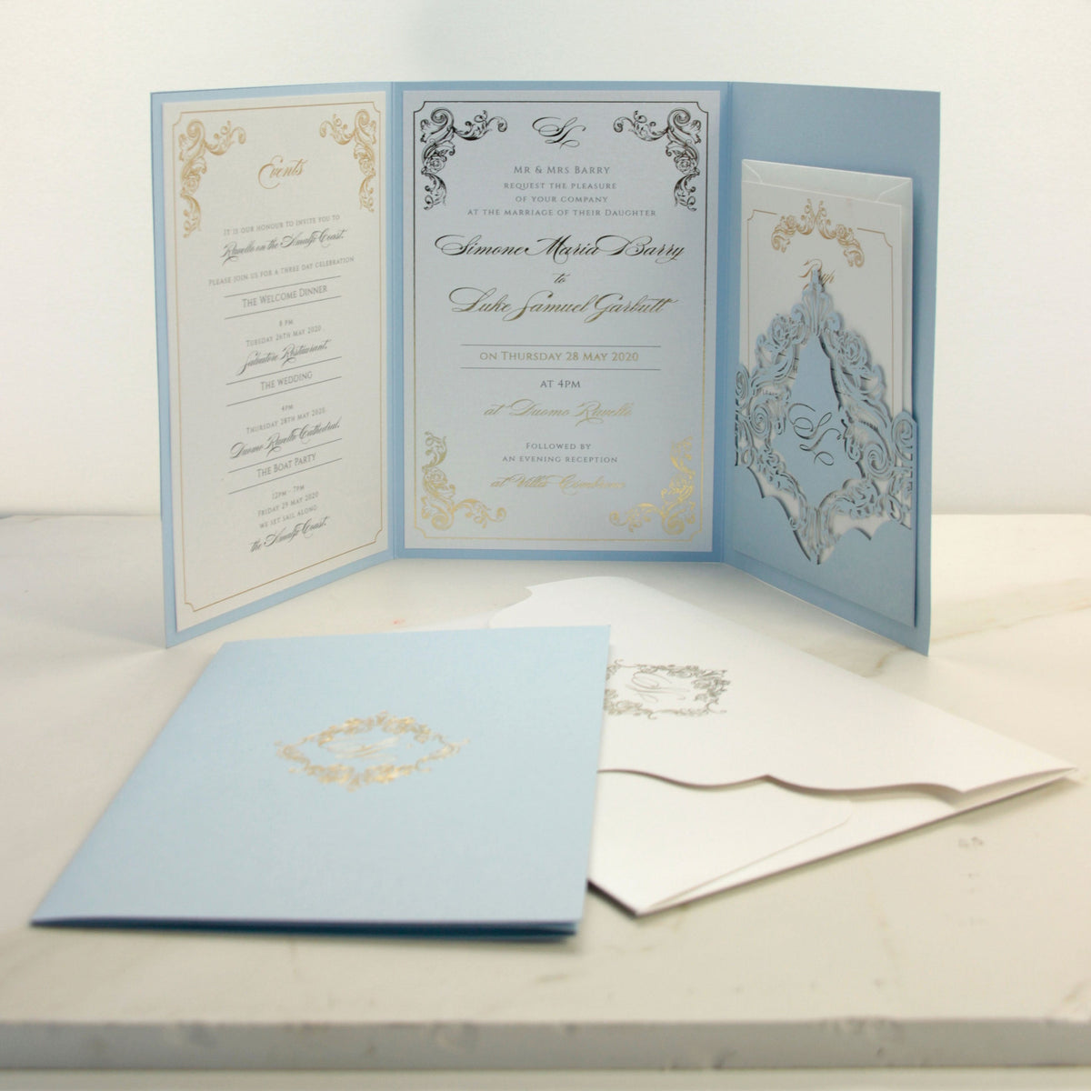 Invitations de l'hôtel Villa Cimbrone | Suite de poche de mariage avec feuille d'or et croquis de lieu de mariage