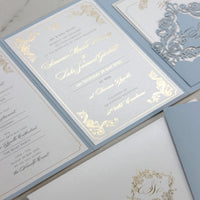 Invitations de l'hôtel Villa Cimbrone | Suite de poche de mariage avec feuille d'or et croquis de lieu de mariage