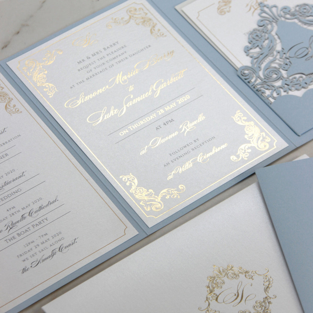 Invitations de l'hôtel Villa Cimbrone | Suite de poche de mariage avec feuille d'or et croquis de lieu de mariage