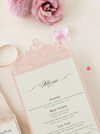 Le menu d'opulence en or rose / Order of Service Luxury Laser Cut Menu avec ruban