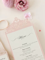 Il menu Opulence in oro rosa / Ordine di servizio Menu di lusso tagliato al laser con nastro